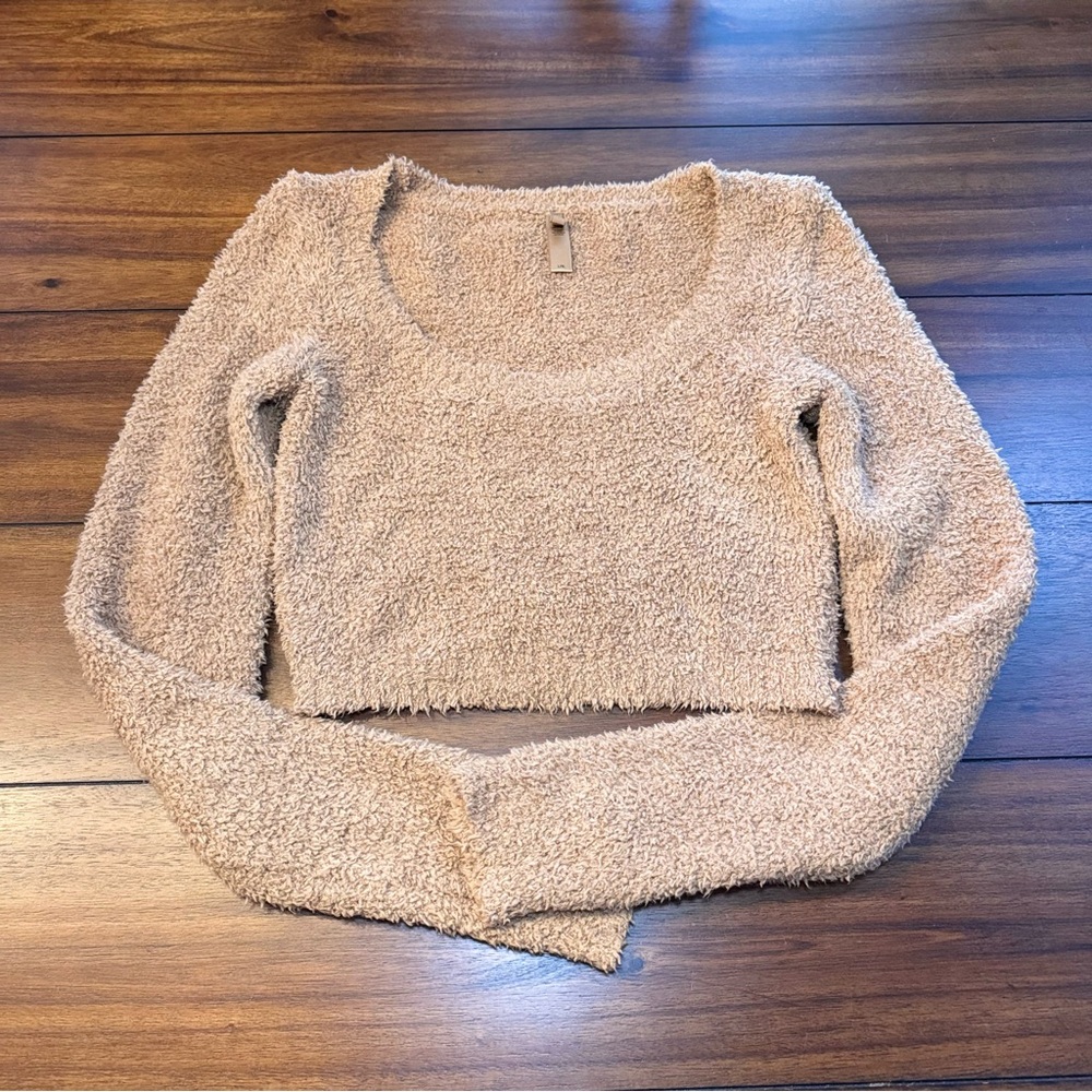 Skims Women’s Cozy Knit‎ Scoop Neck Long Sleeve Crop Top Camel Size Large/XL